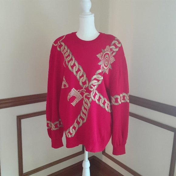 St. John Collection Sweaters - Striking Vintage St John Collection Red and Gold Knit Sweater - Large